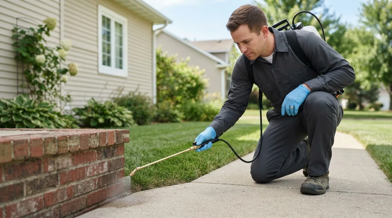 Pest control technician treating a home near New Richmond, IN