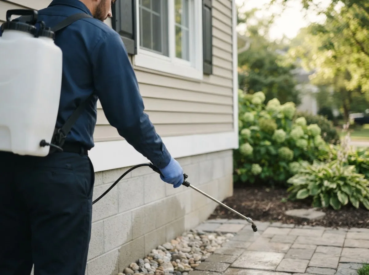 Pest control technician inspecting a home in New Richmond, IN